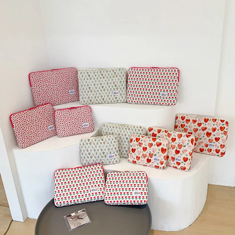 Printed cloth laptop bag for women with anti-seismic padding, small size, green flower colour