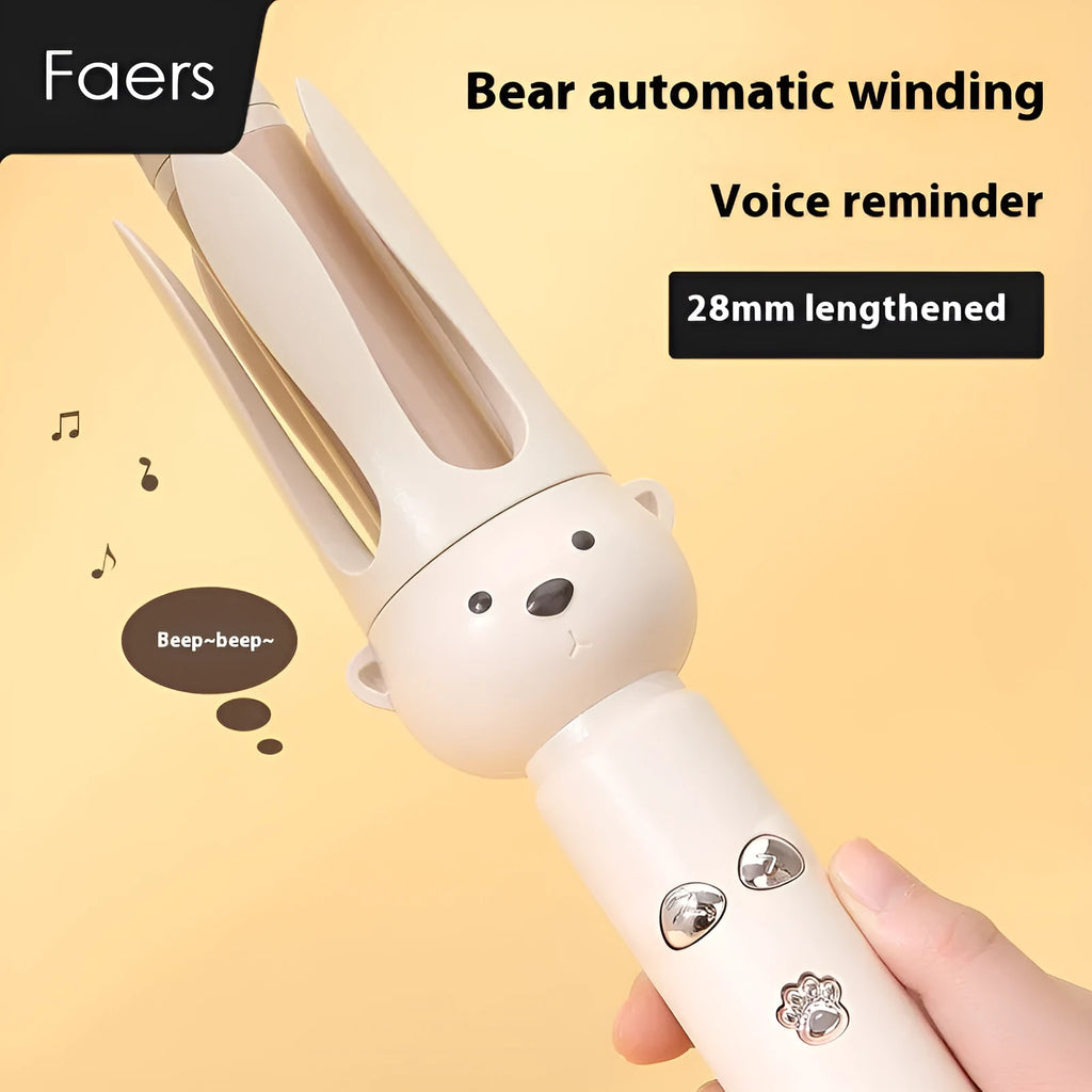 Beige anion automatic hair curler with rotating barrel on white background