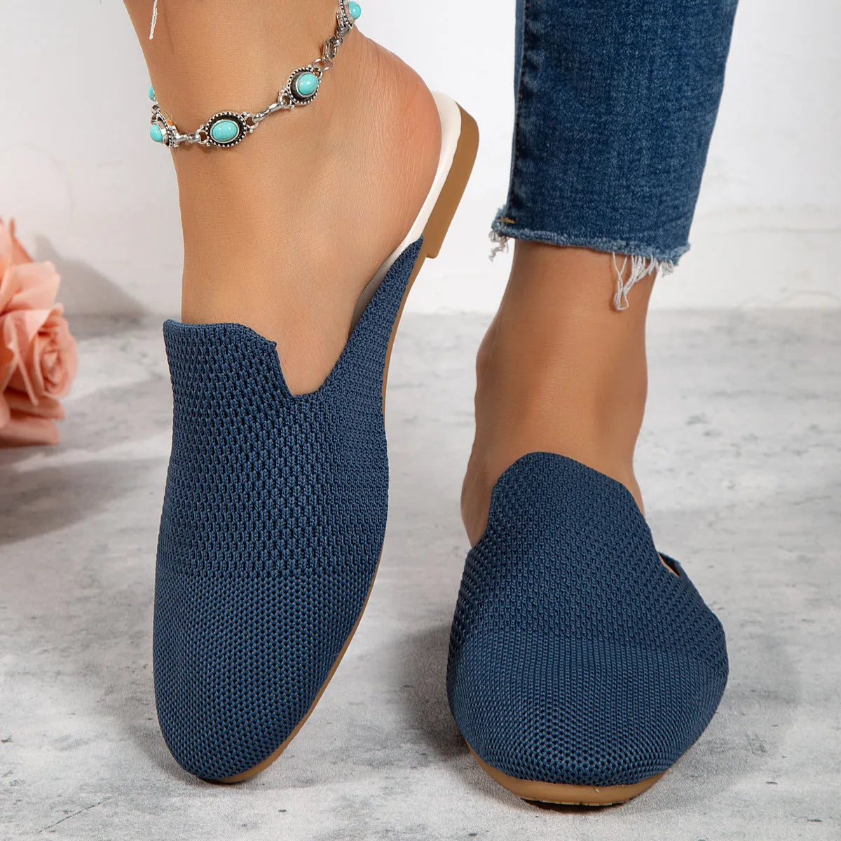 Apricot, blue, and green mesh slip-on sandals with round toes and flat rubber soles