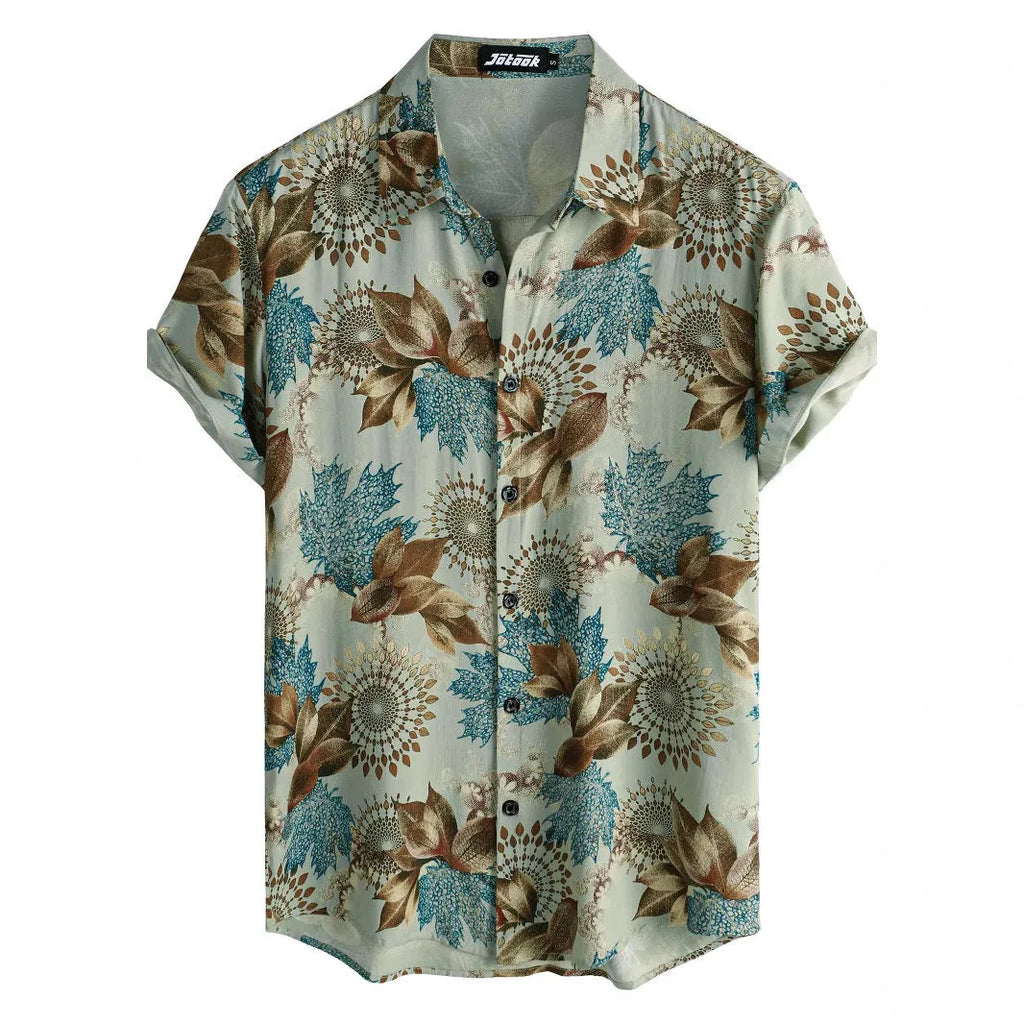 Hawaiian floral print short sleeve shirt with lapel collar in four-sided elastic polyester fabric