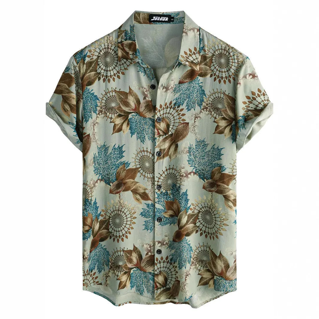 Hawaiian floral print short sleeve shirt with lapel collar in four-sided elastic polyester fabric
