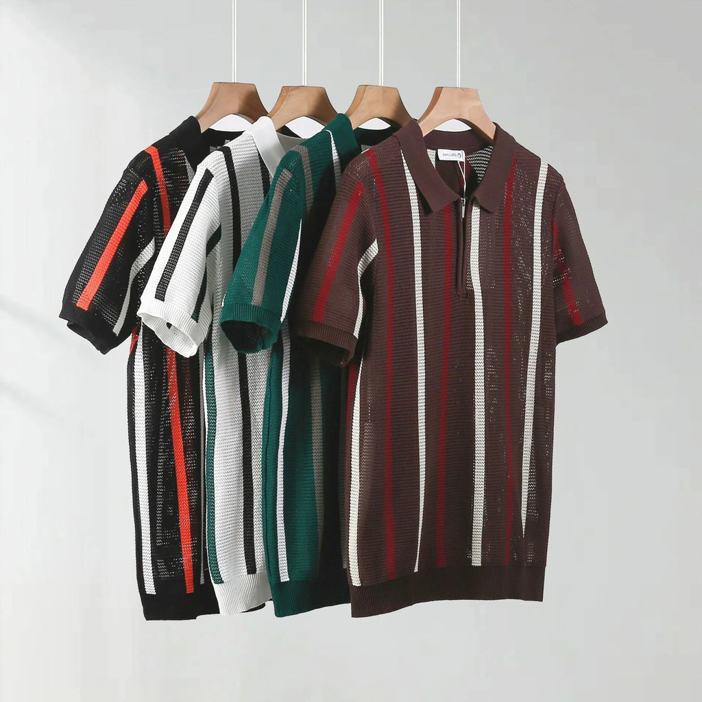 Hollow mesh short-sleeved knitting polo shirt in Ice Silk fabric with zipper decorations, loose fit, available in multiple colours