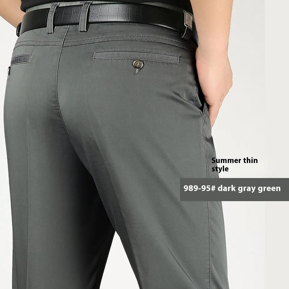 Men's elastic cotton high waisted loose trousers in creamy white, front view, sizes 29 to 44