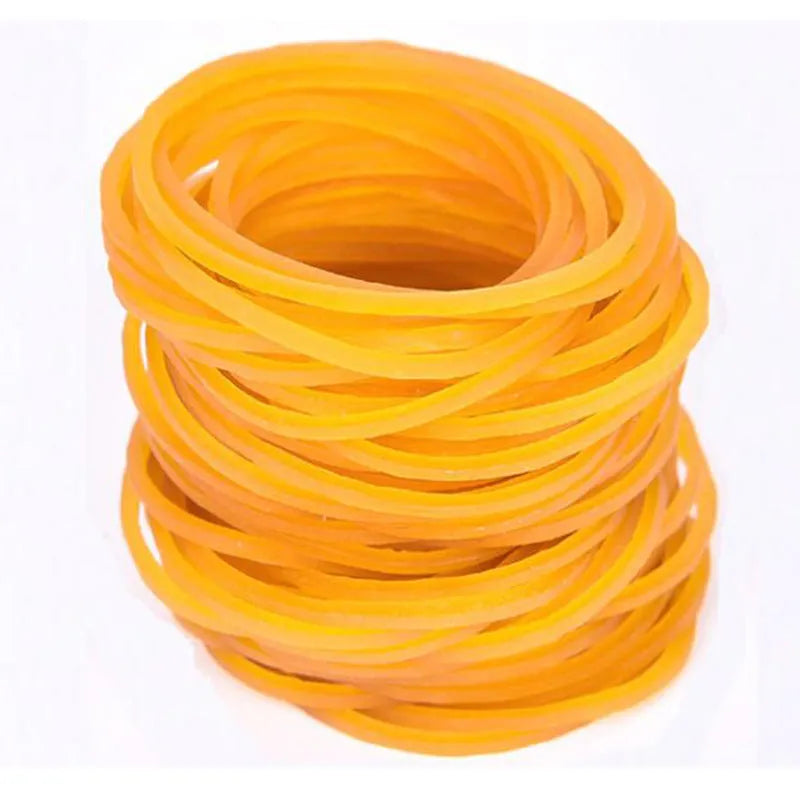 500g pack of yellow rubber bands showing multiple diameter sizes from small to large