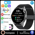 Black smartwatch with Bluetooth calling on a silicone strap, displaying health metrics on its screen.