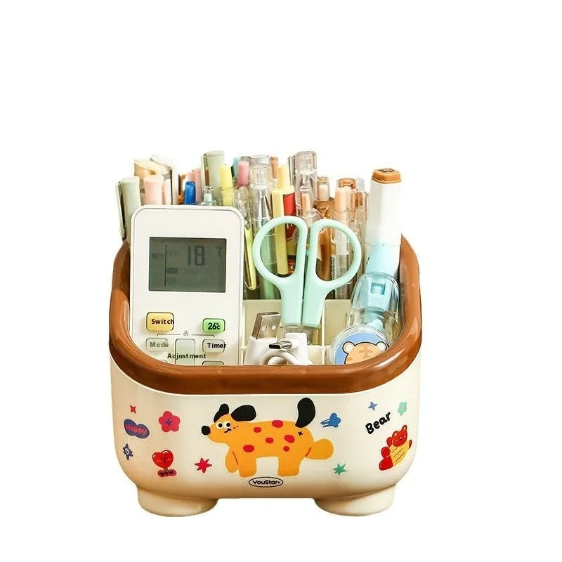 Cartoon-style plastic desktop organiser set with multiple boxes, pen holder, and 2L capacity on a desk.