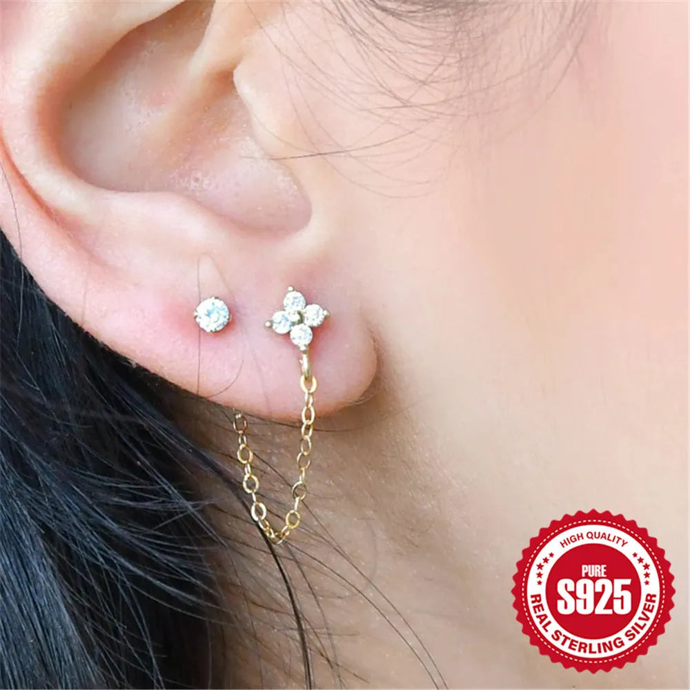 S925 sterling silver geometric ear studs with diamond flower and tassel chain detail in gold colour