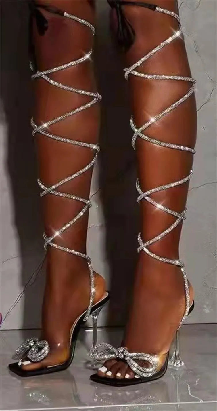 Plus size women's strappy sandals with rhinestone straps in square toe design