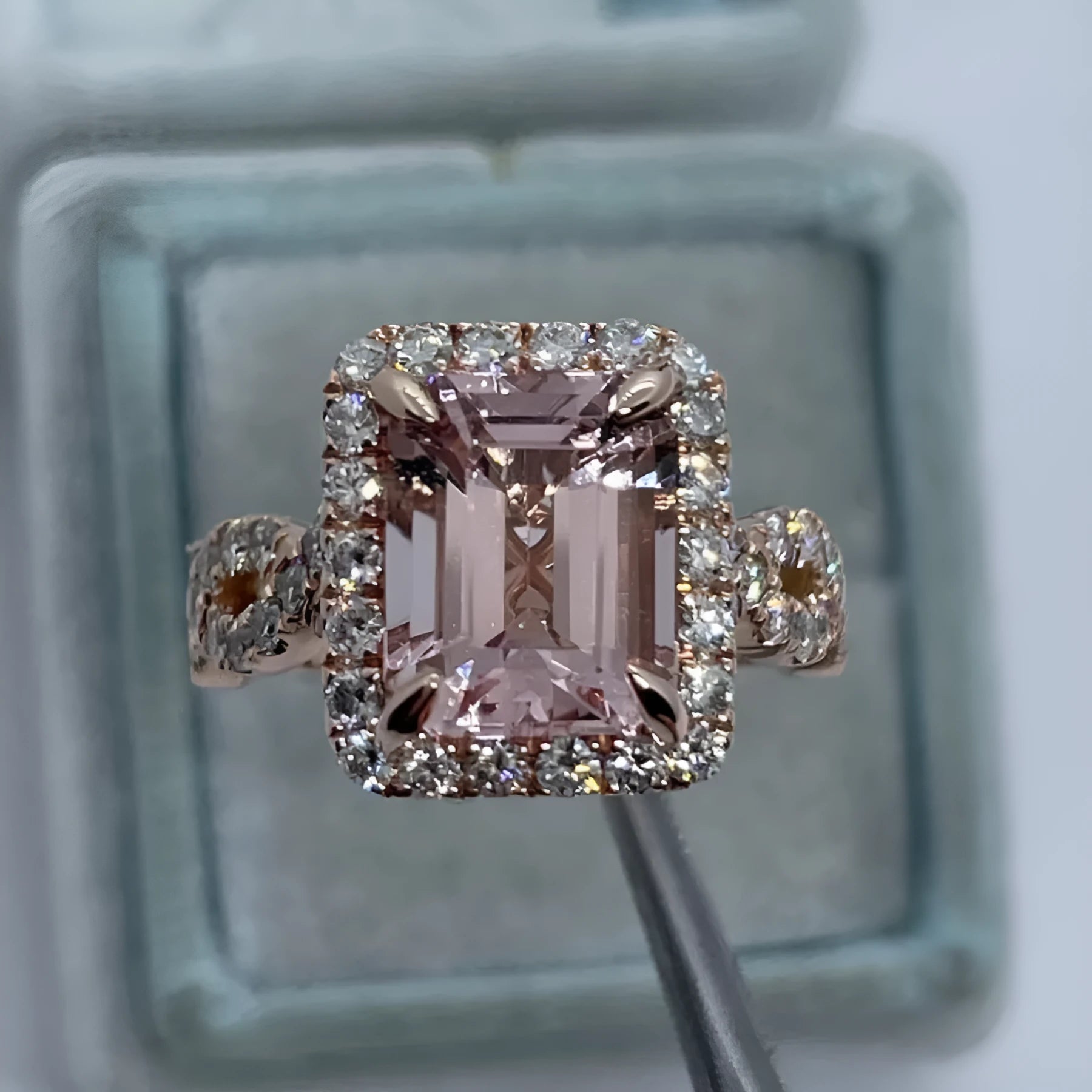 Rose gold geometric electroplated alloy ring on white background, unisex design