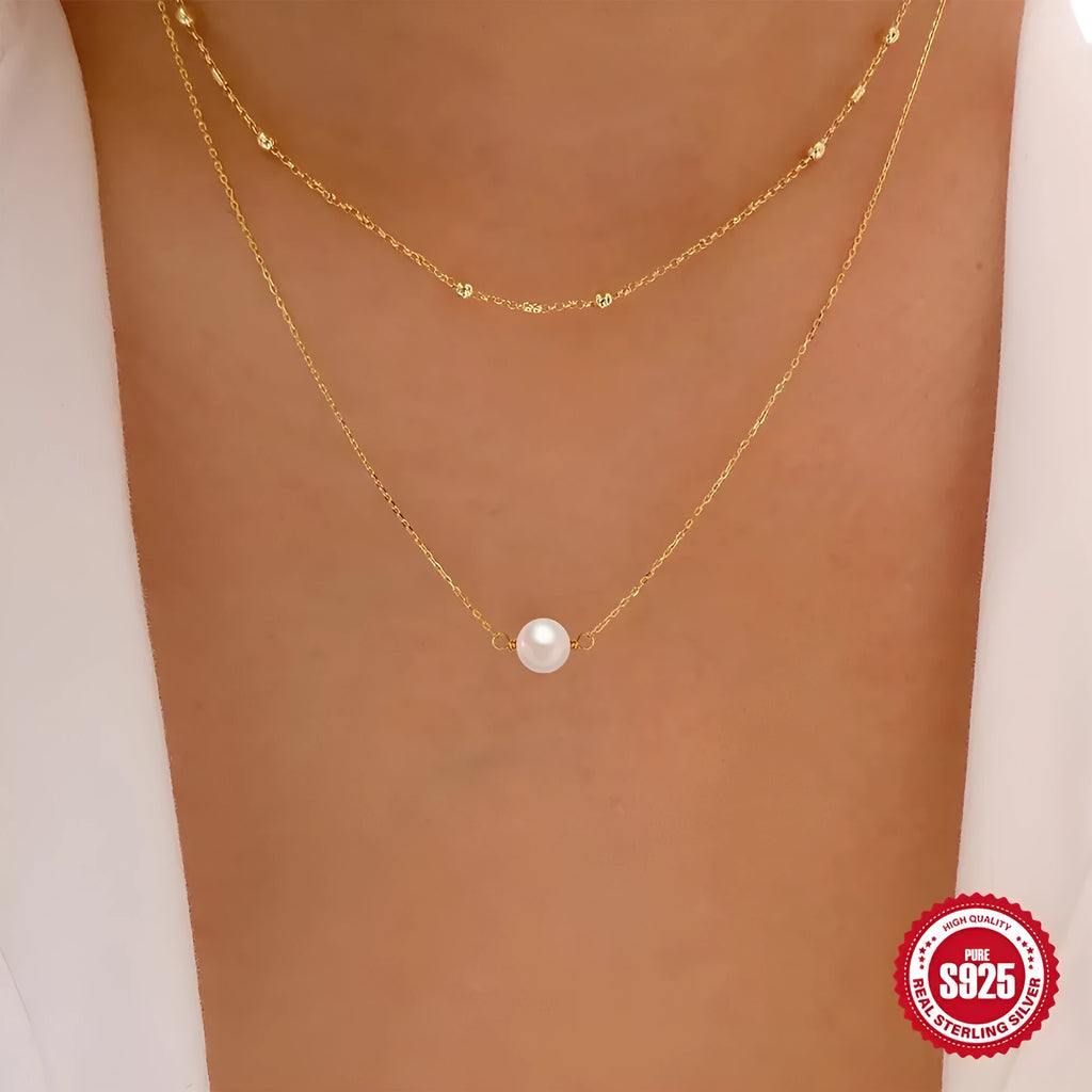 Sterling silver double layer pearl necklace with geometric pendant on ball bead chain