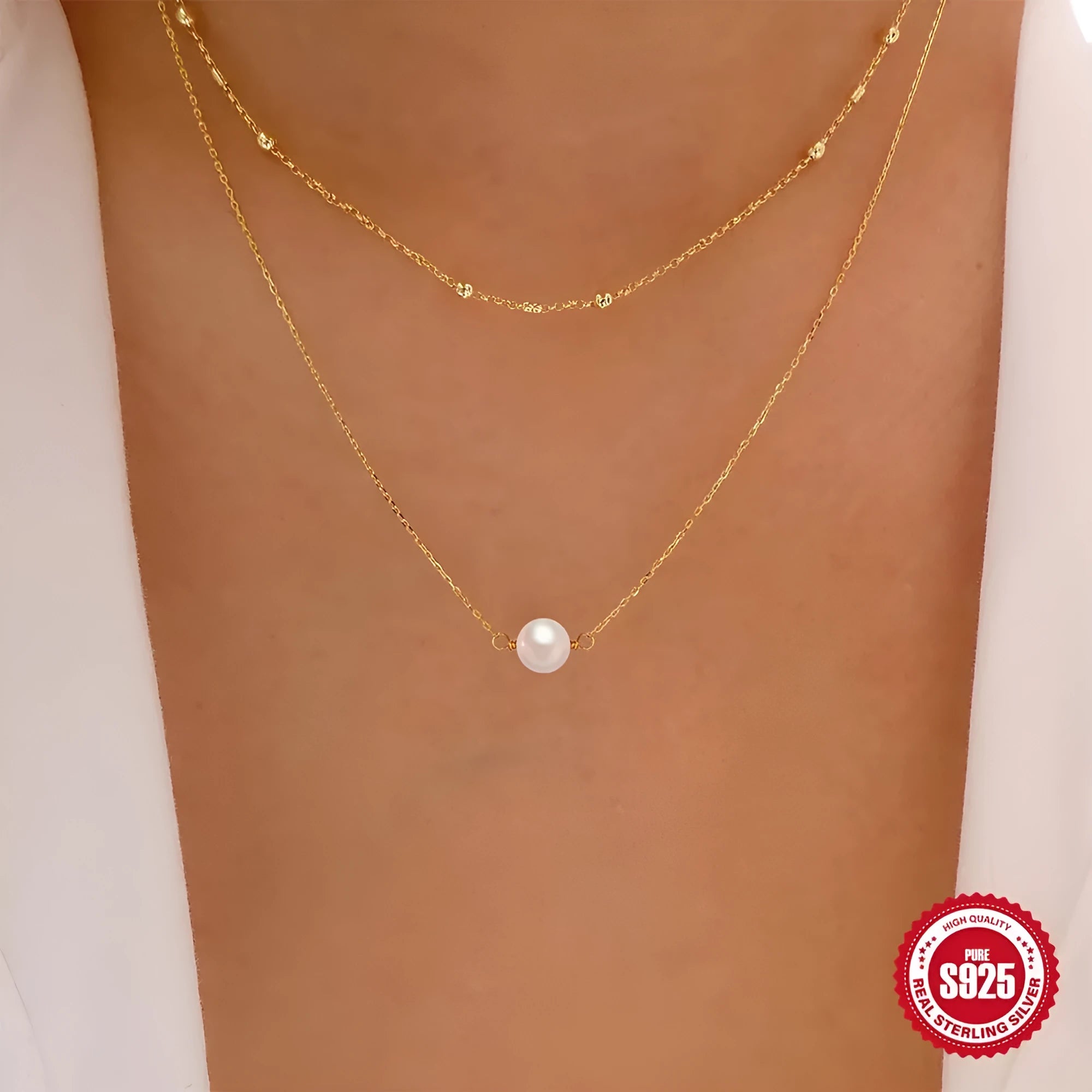 Sterling silver double layer pearl necklace with geometric pendant on ball bead chain