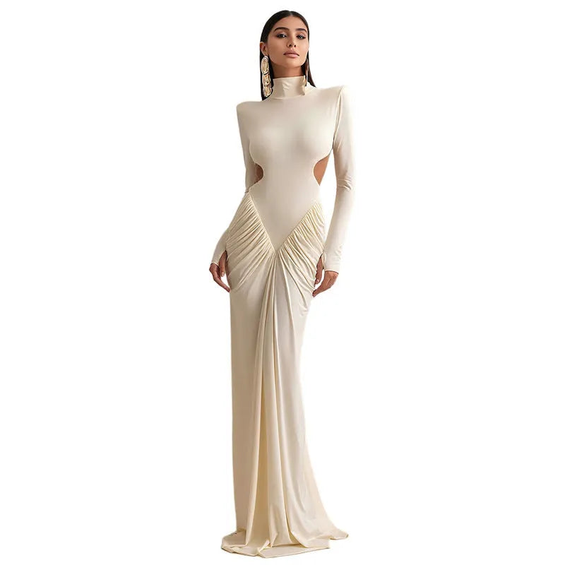 Women's long sleeve high collar backless pleated dress in slim fit with Asian sizing options