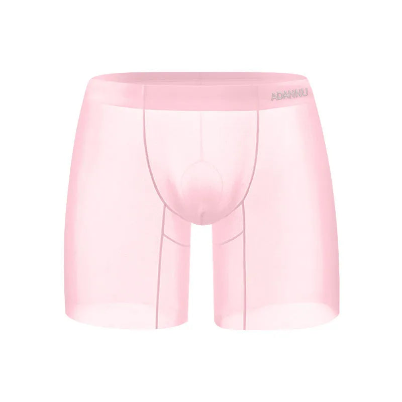 A pair of solid colour men's ice silk boxer shorts with a low waist design, shown in orange.