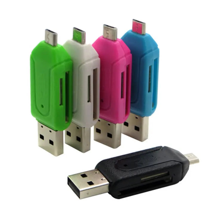 White OTG card reader with micro USB connector for Android phones showing SD and TF card slots