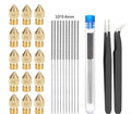 MK8 brass 3D printer nozzle and stainless steel cleaning pin kit on a white background