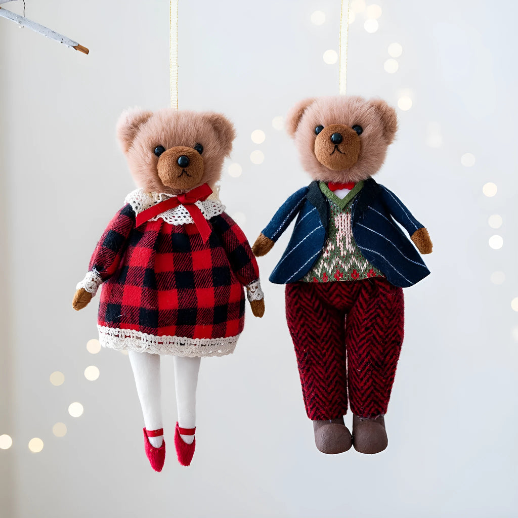 Plush bear doll couple set in cotton cloth with gentleman and princess bear cartoon designs featuring plaid patterns