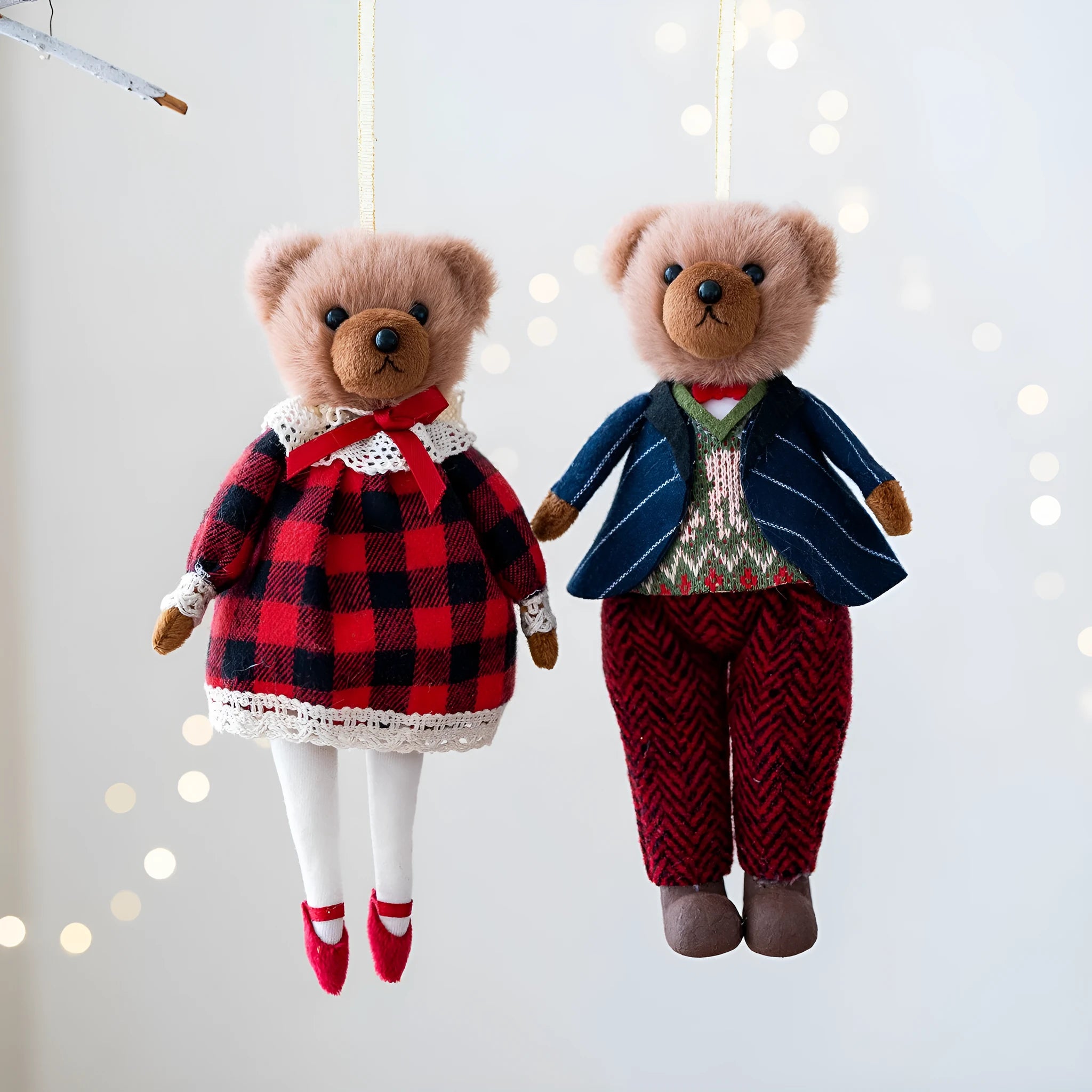 Plush bear doll couple set in cotton cloth with gentleman and princess bear cartoon designs featuring plaid patterns