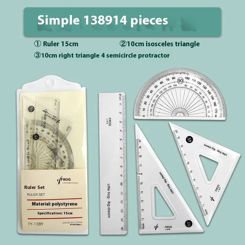 Transparent acrylic geometry ruler set with protractor, square, triangle, and ruler on a drawing