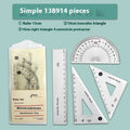 Transparent acrylic geometry ruler set with protractor, square, triangle, and ruler on a drawing