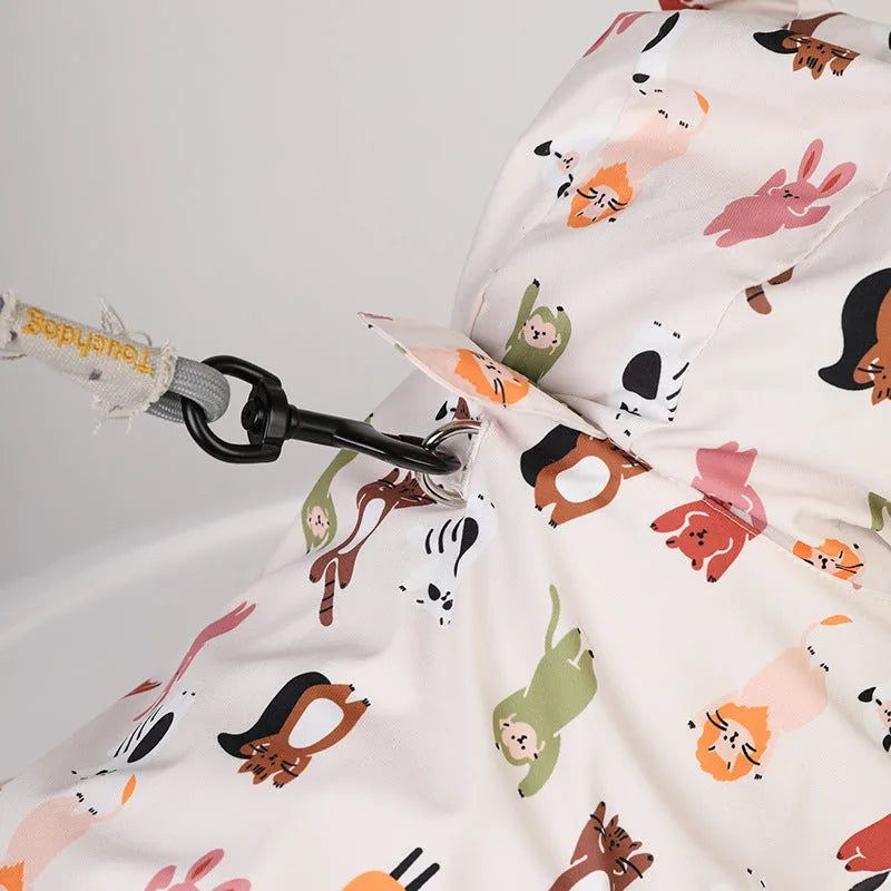 Beige cartoon dog raincoat with cat head design, made from waterproof PU material.