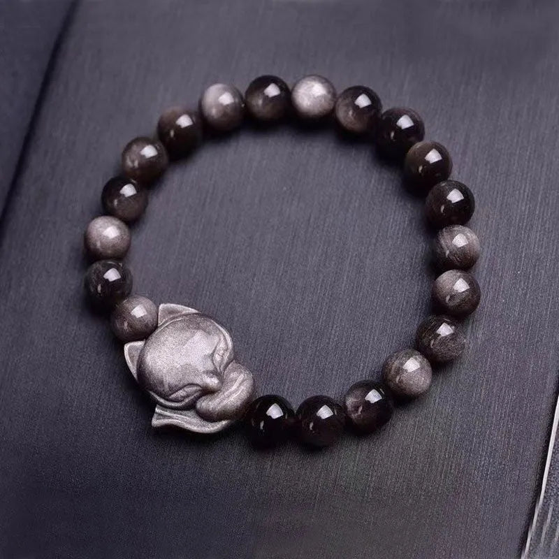 Obsidian fox single ring bracelet for women with polished 8mm obsidian beads and a fox charm