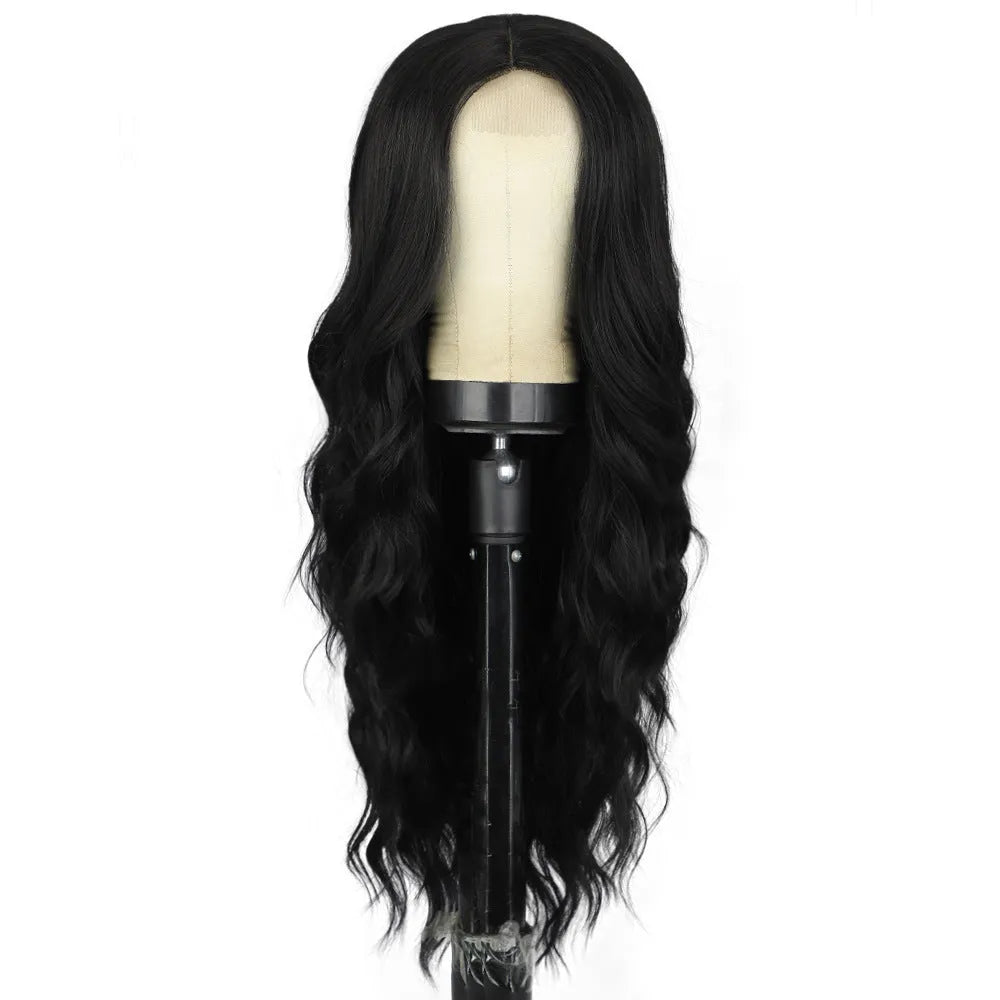 European American front lace wig with medium large wavelength curly hair and long bangs for ladies