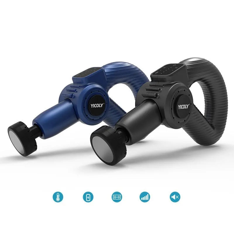 Black smart muscle massage gun with heat and cold therapy settings and five attachable heads