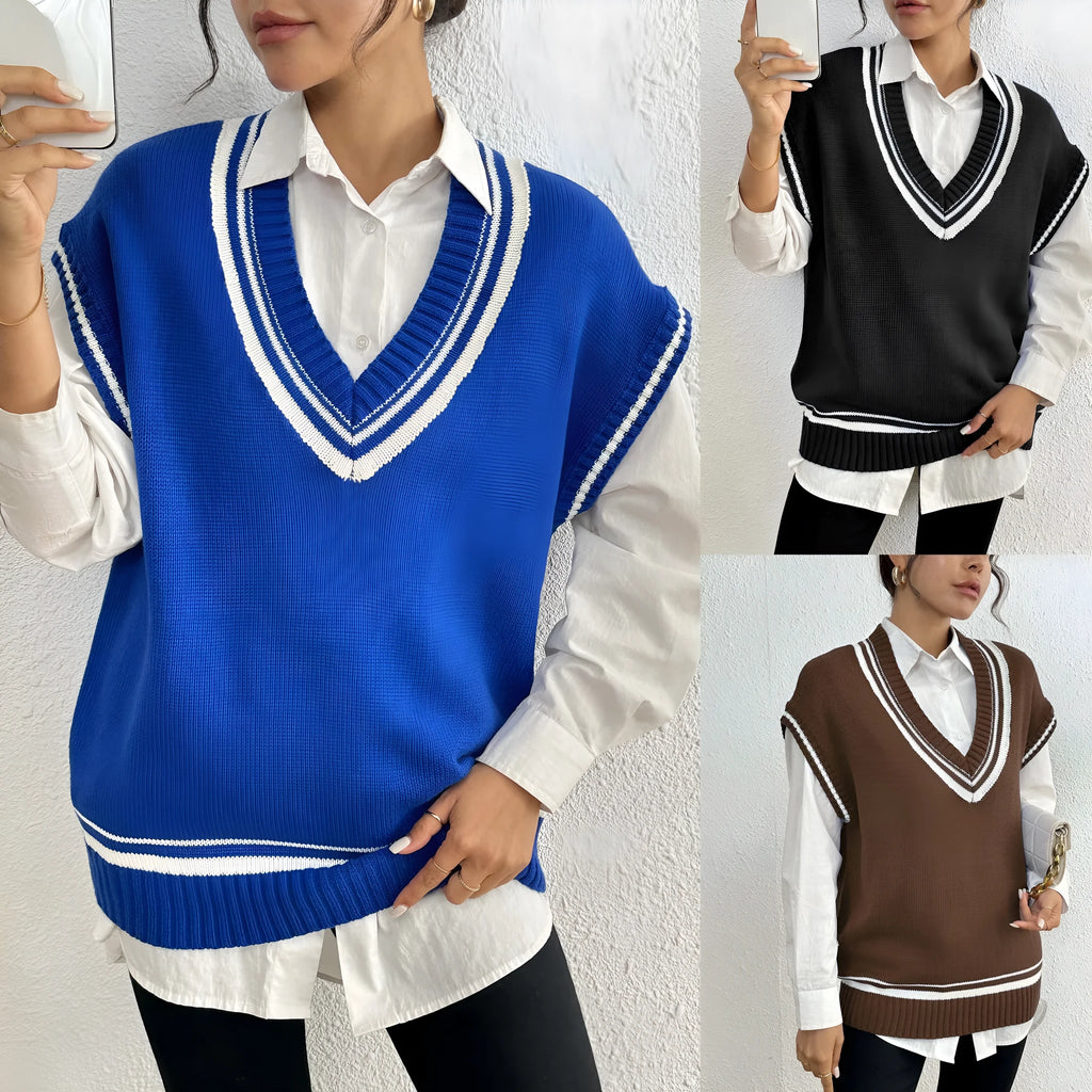 Loose-fitting women's vest sweater in a wool blend, shown in coffee, blue, and black colours.
