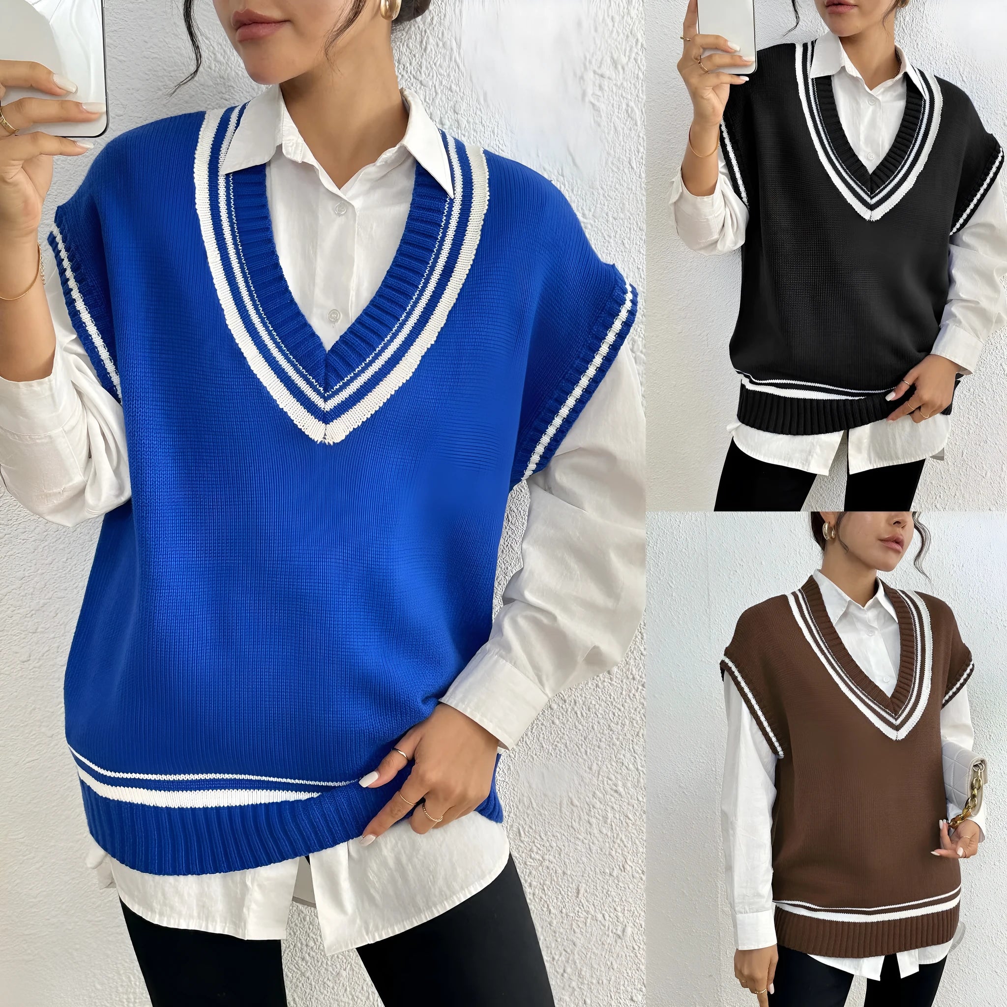Loose-fitting women's vest sweater in a wool blend, shown in coffee, blue, and black colours.