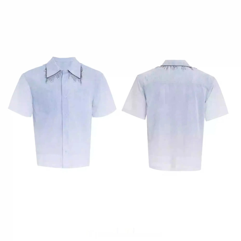 Blue and white gradient men's short sleeve shirt with loose fit for summer casual wear