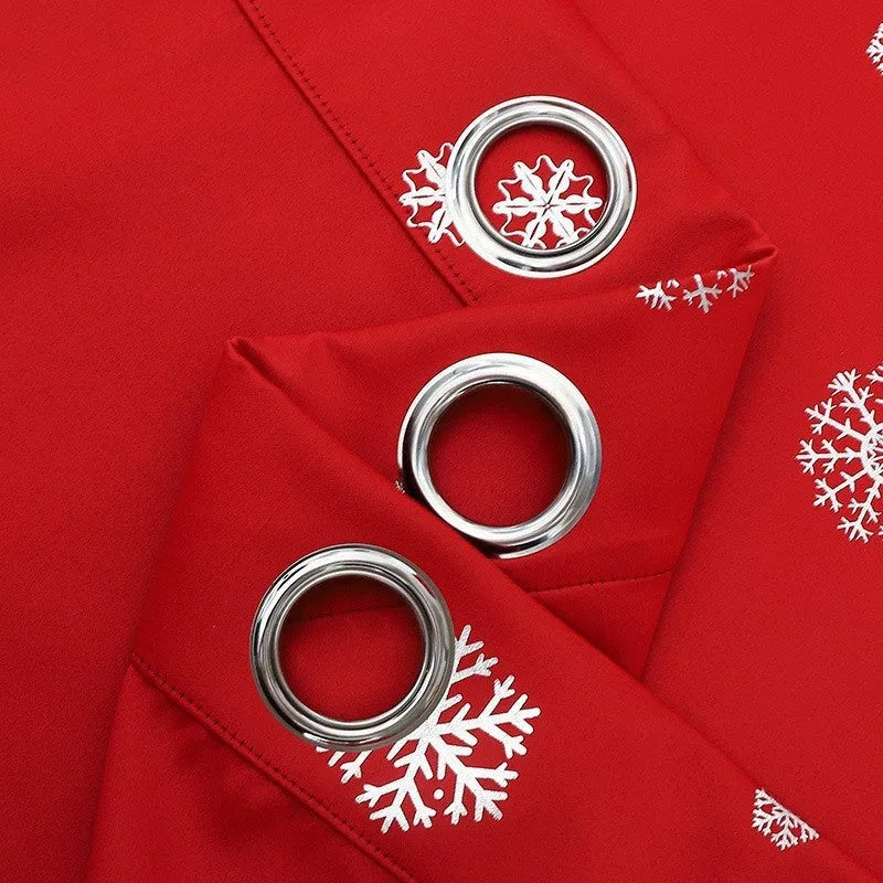Snowflake pattern shade cloth curtain in green or red with lace loop or iron hoop styling