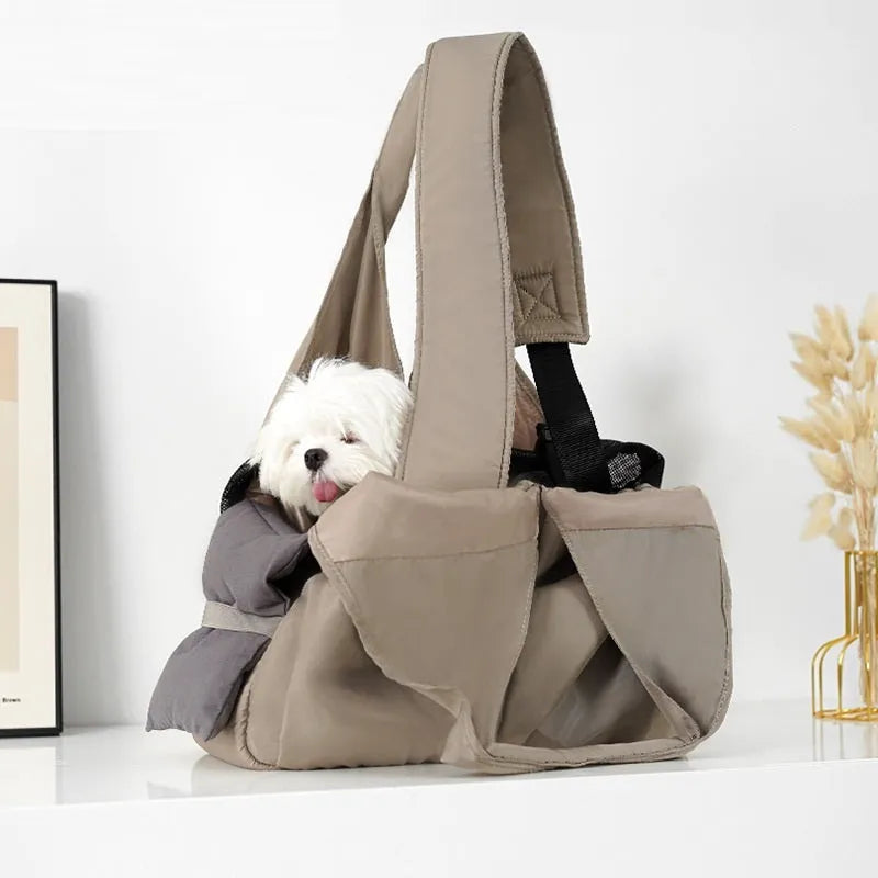 Apricot cloth pet carrier handbag showing dimensions of 41cm length by 16cm width by 28cm height