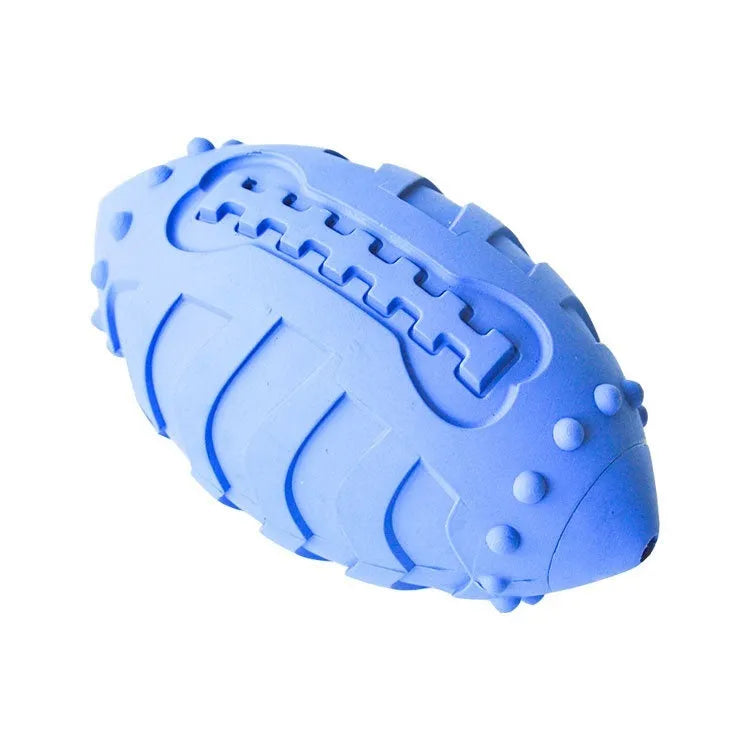 Light green bite-resistant rubber rugby ball dog toy with vocal feature for teeth cleaning and training.