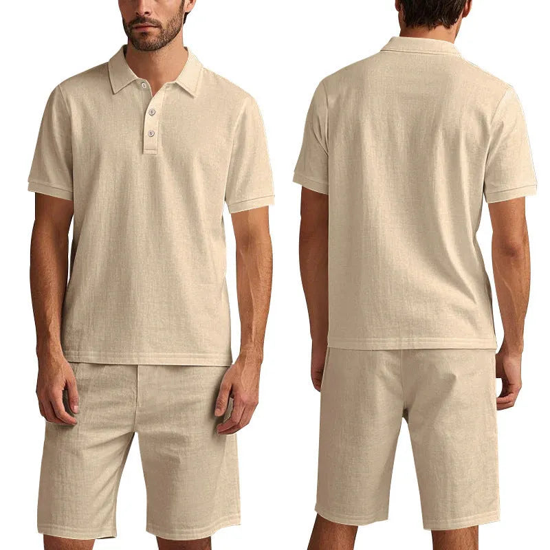 Summer men's casual linen blend shorts suit set in light blue with short-sleeve shirt and matching shorts on model