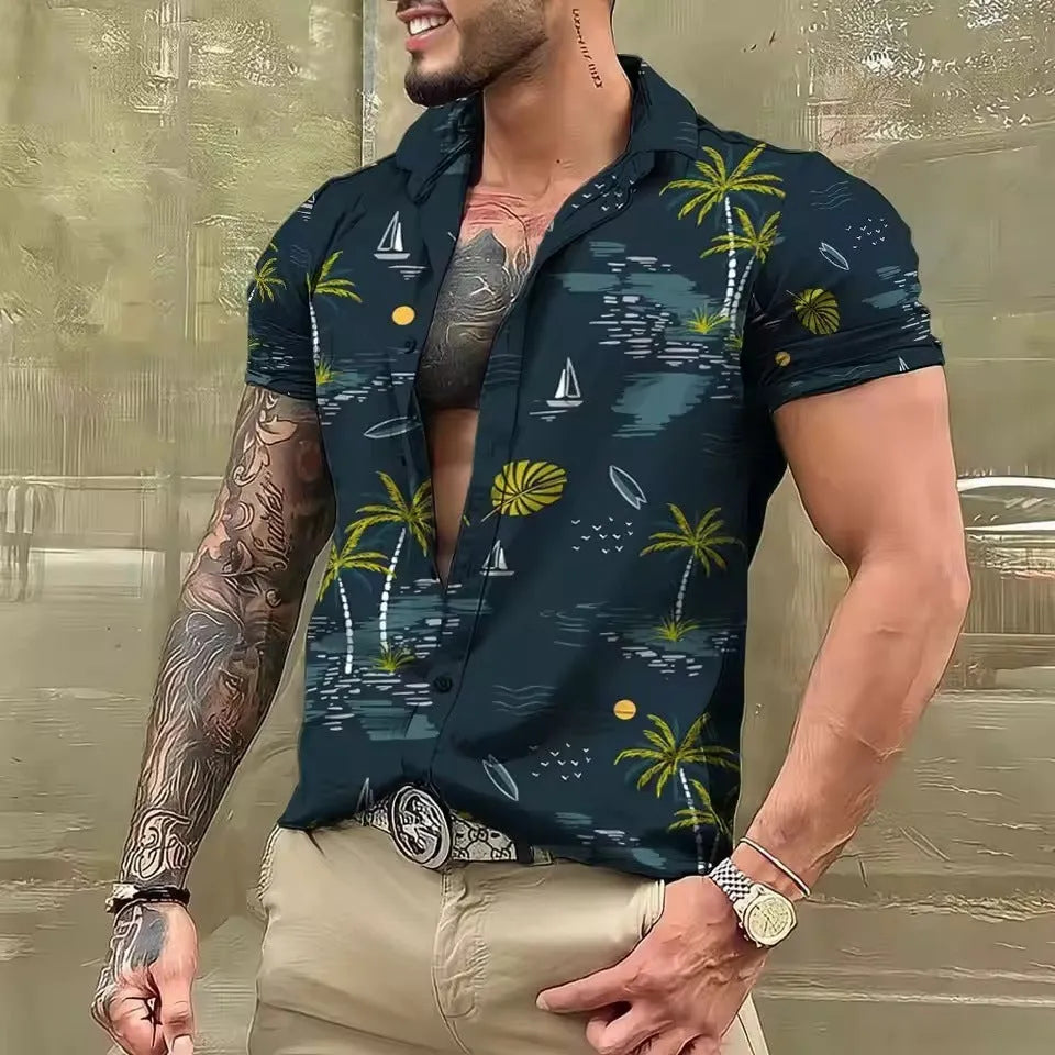 Man wearing a loose-fit short sleeve shirt with a colourful floral print pattern.