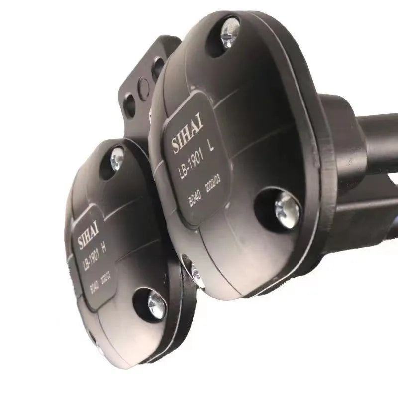 Black dual trumpet air horn kit with compressor unit for 12V and 24V vehicle installation
