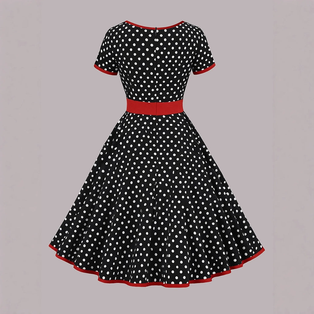 Square collar short sleeve polka dot dress with front zipper and pleated midi skirt