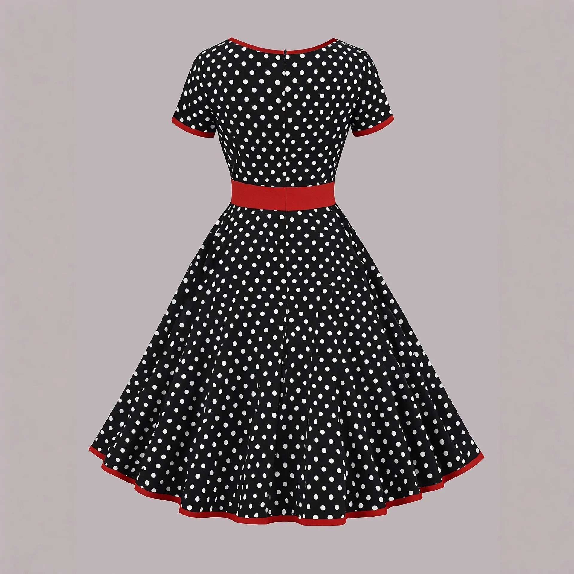 Square collar short sleeve polka dot dress with front zipper and pleated midi skirt
