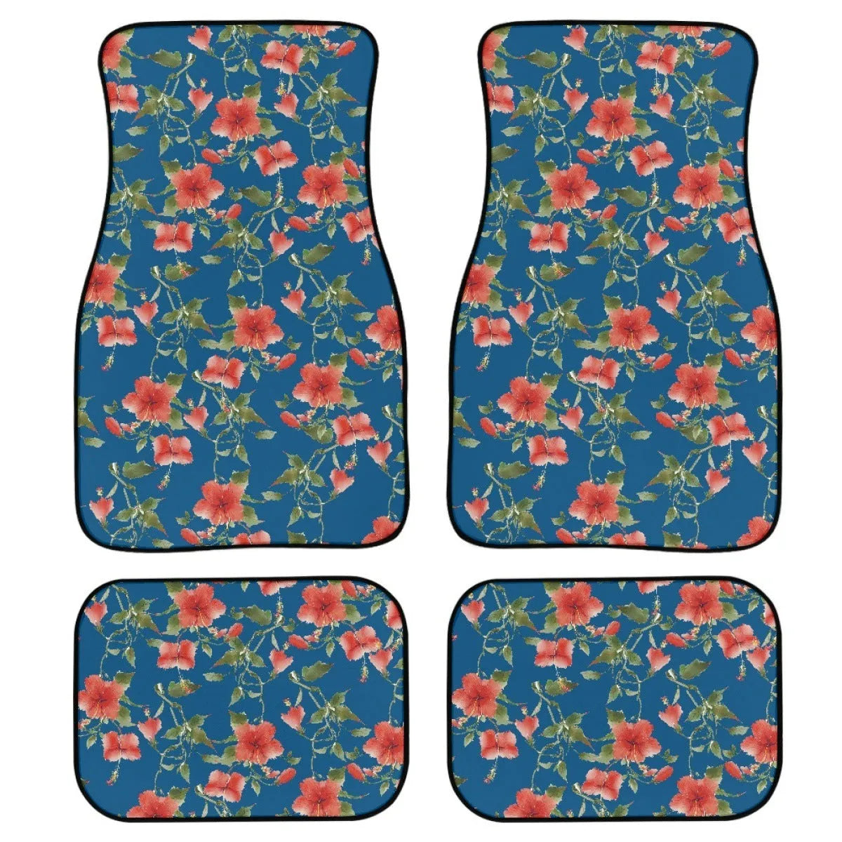 Black printed rubber car floor mat set showing 20mm thickness and waterproof construction