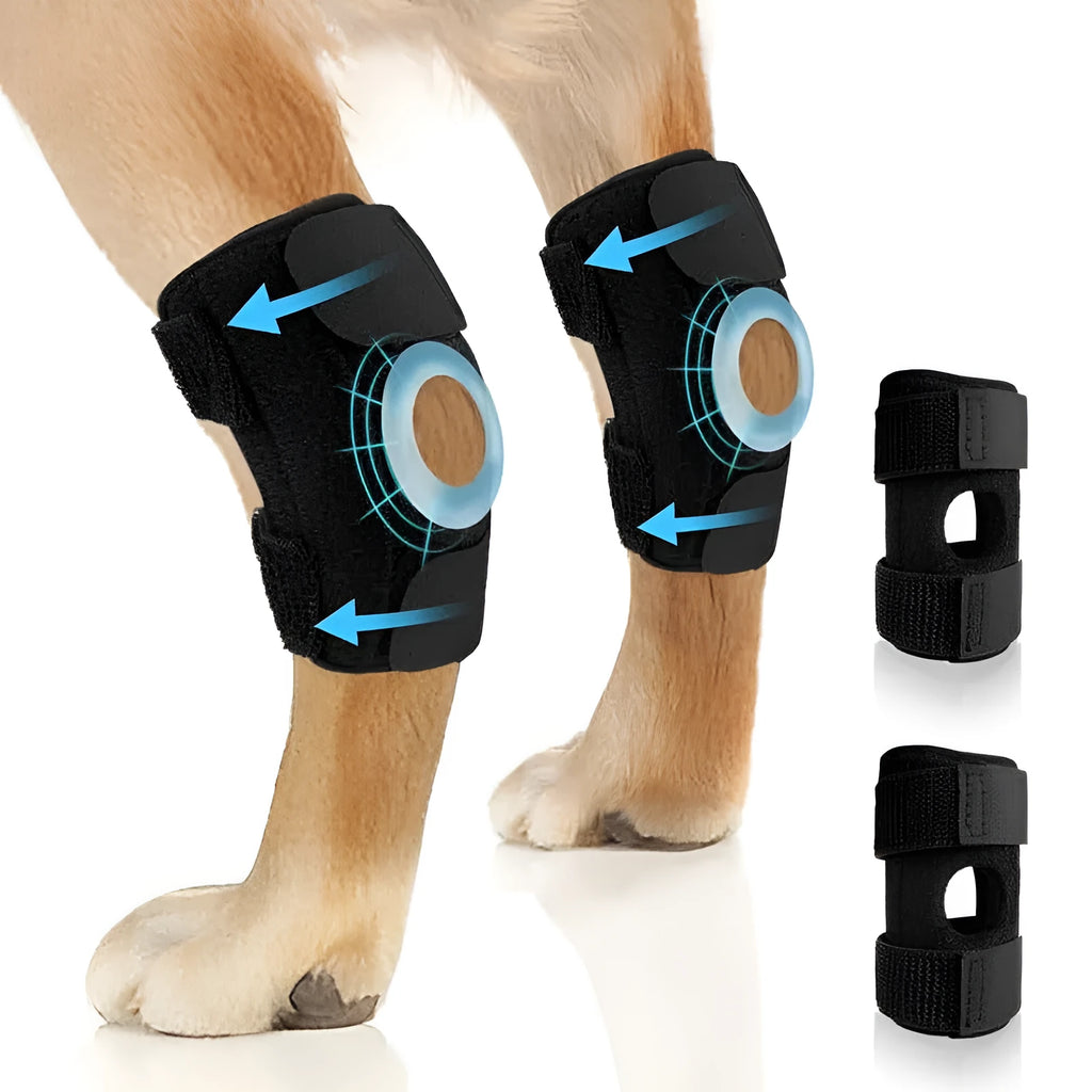 Black polyester dog leg guard for ACL tear and joint dislocation protection, shown with protective cover.