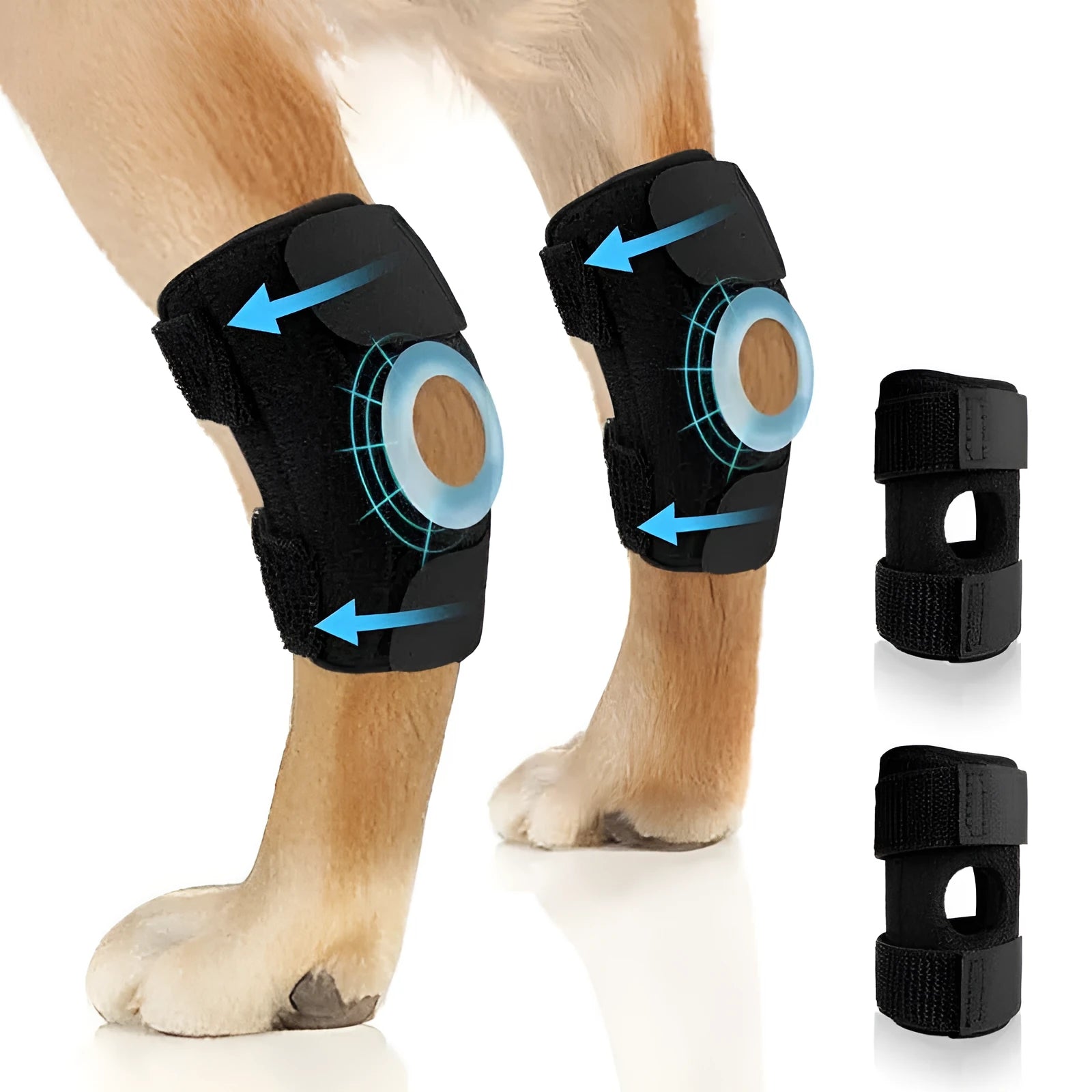 Black polyester dog leg guard for ACL tear and joint dislocation protection, shown with protective cover.