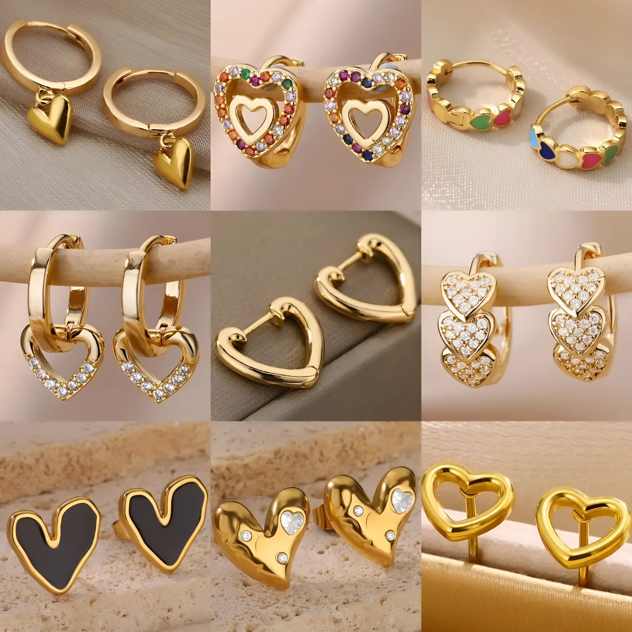 Women's heart-shaped zircon earrings with ear clip backings, stainless steel titanium finish