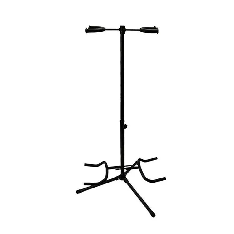 Black vertical double-headed adjustable guitar stand with foam padding on contact points