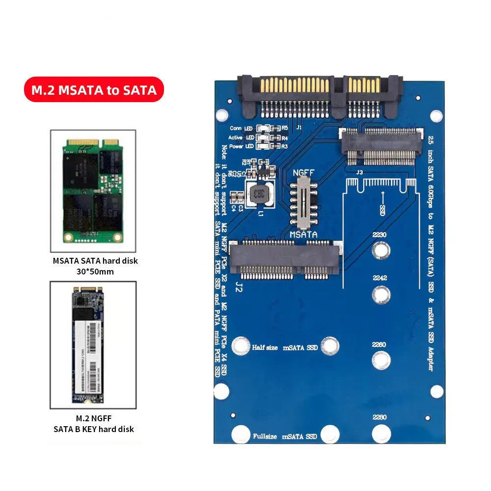 Black and blue SATA3 to M2 NGFF MSATA SSD conversion adapter card on a white background