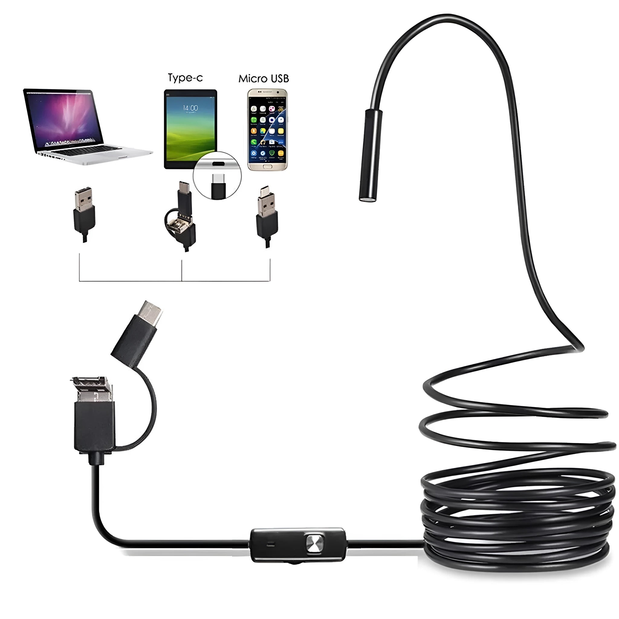 Android phone connected to a USB-C endoscope with flexible cable, hook, magnet, and side mirror accessories.