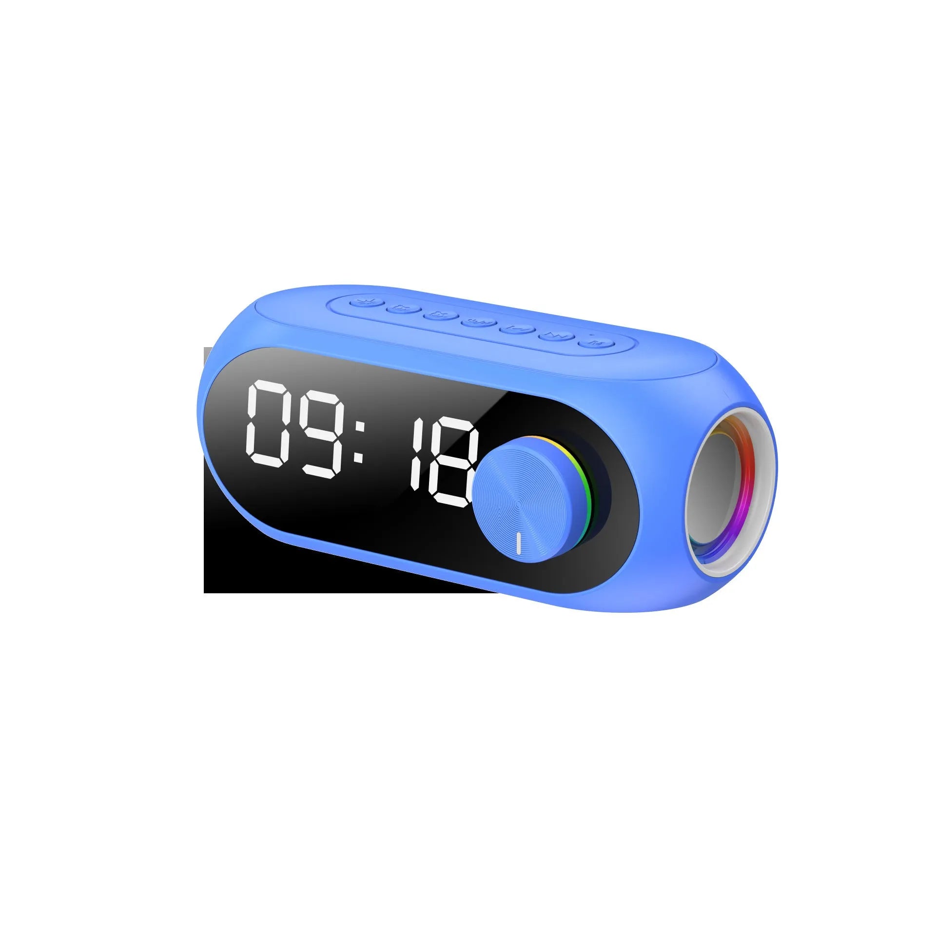 Extra Bass S8 portable mini Bluetooth speaker with digital clock display in black, blue, or white.