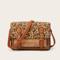Women's printed PU crossbody bag in pansy, square print, grass flower, or green designs with single shoulder strap.