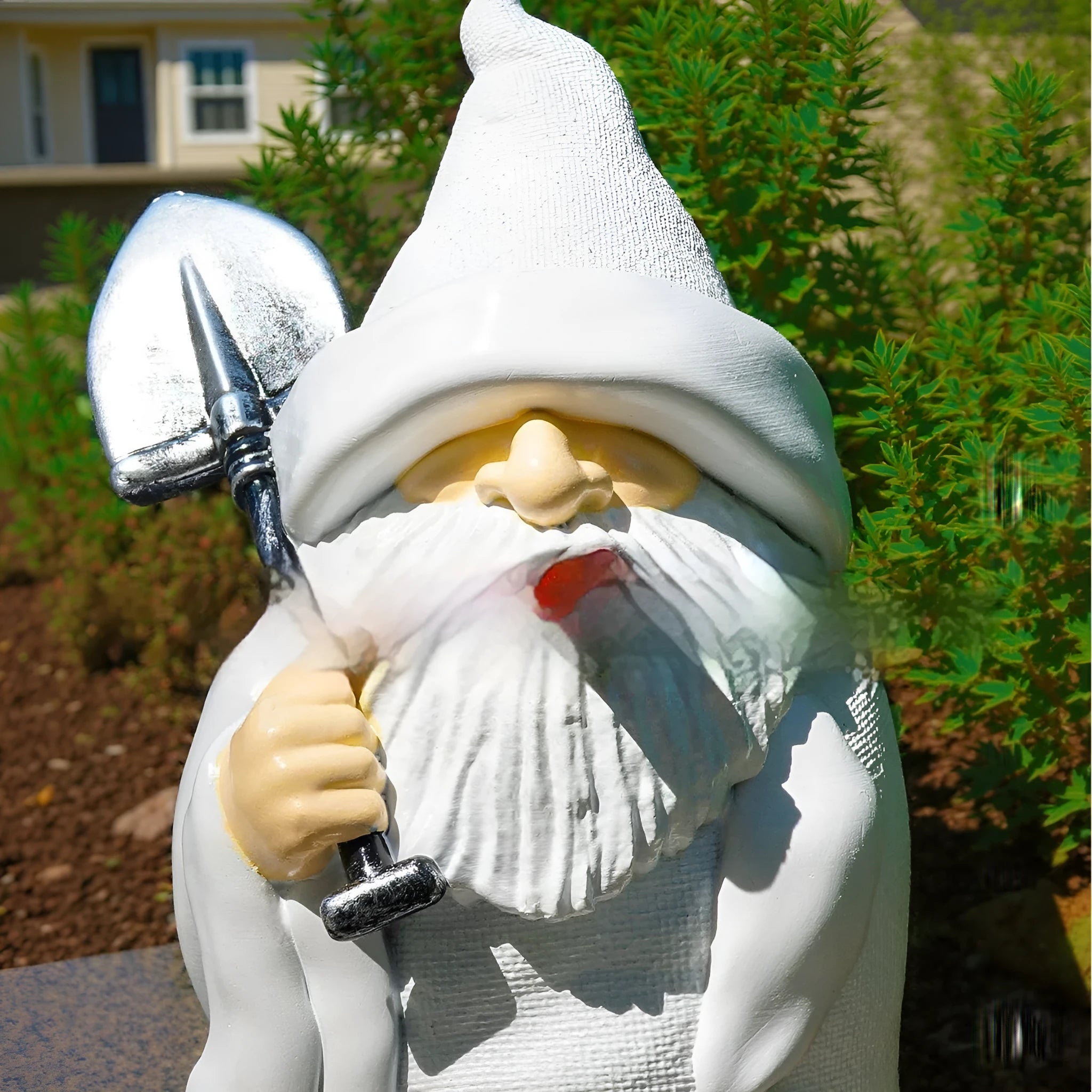 Resin Christmas ornament depicting pipe dwarf with smoking shovel accessory for festive decoration