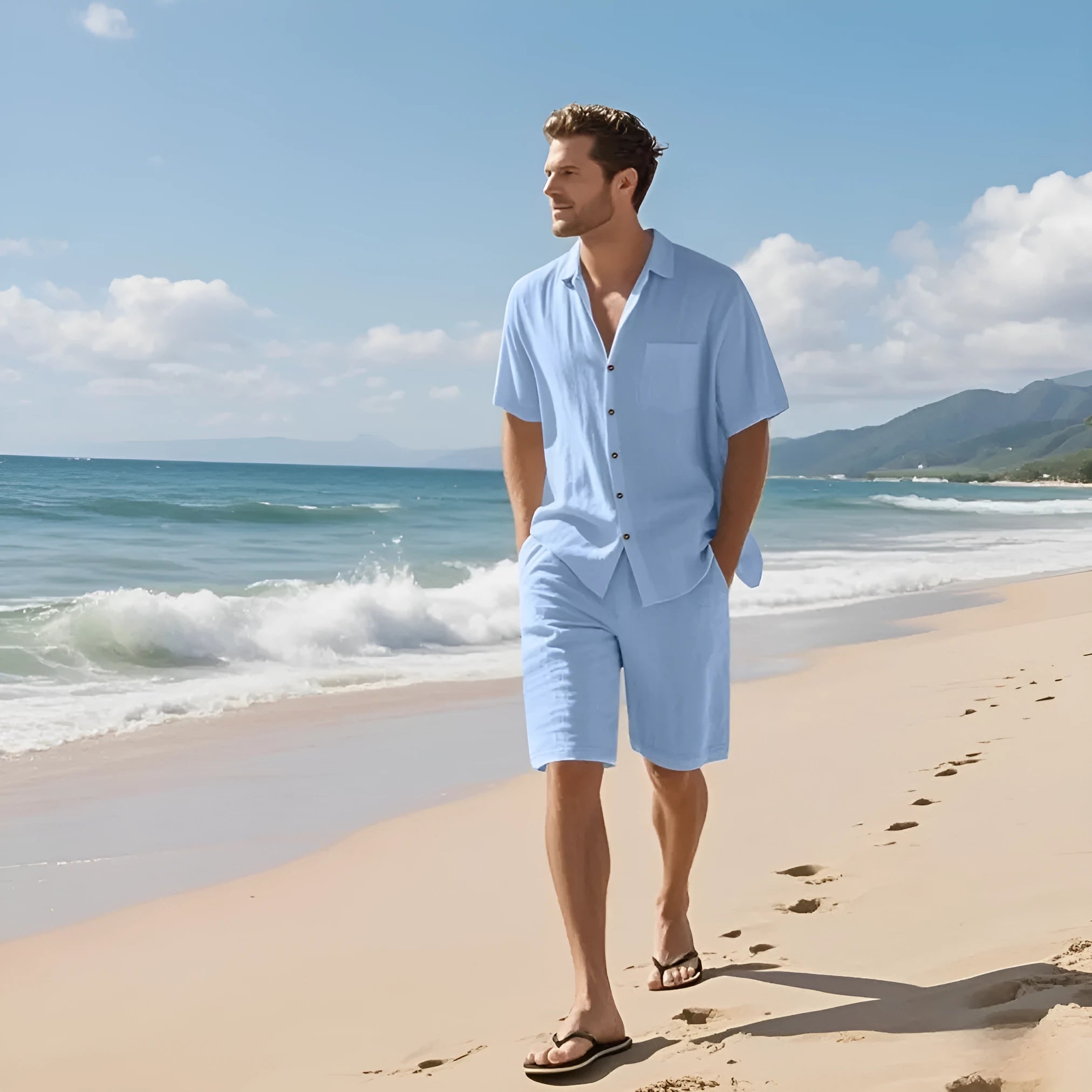 Linen blend short sleeve shirt and shorts set shown in light blue colour on a model.
