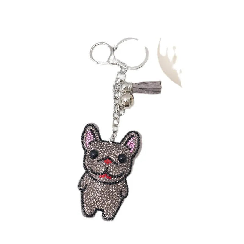 French dog rhinestone keychain with 5-7cm electroplated alloy animal charm in caramel colour